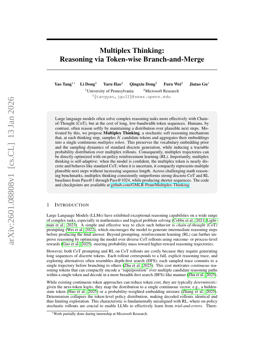 Multiplex Denken: Schlussfolgern durch tokenweise Branch-and-Merge