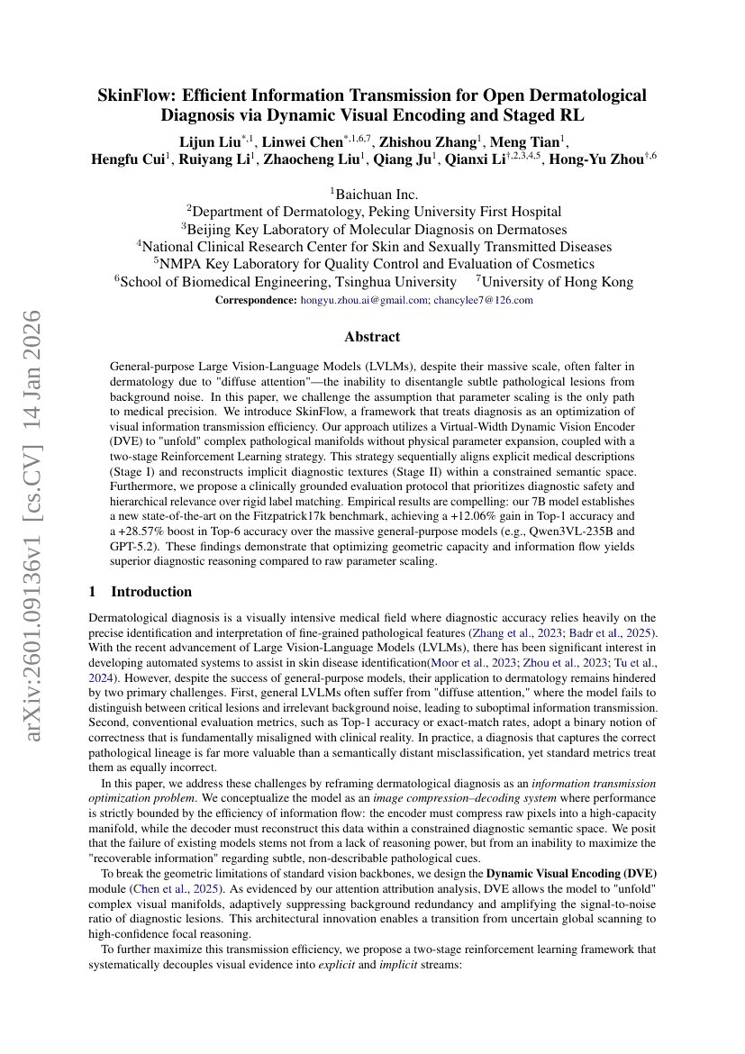 SkinFlow: Efficient Information Transmission for Open Dermatological Diagnosis via Dynamic Visual Encoding and Staged RL