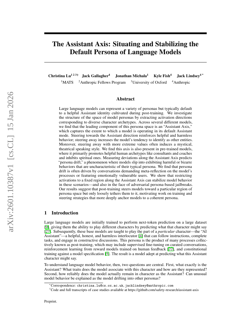 Die Assistent-Achse: Positionierung und Stabilisierung der Standard-Persona von Sprachmodellen