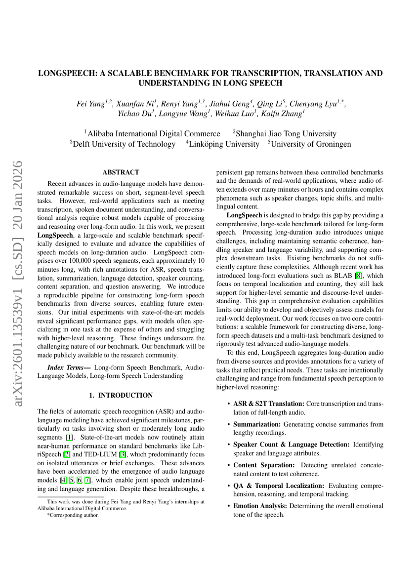 LongSpeech: A Scalable Benchmark for Transcription, Translation and Understanding in Long Speech