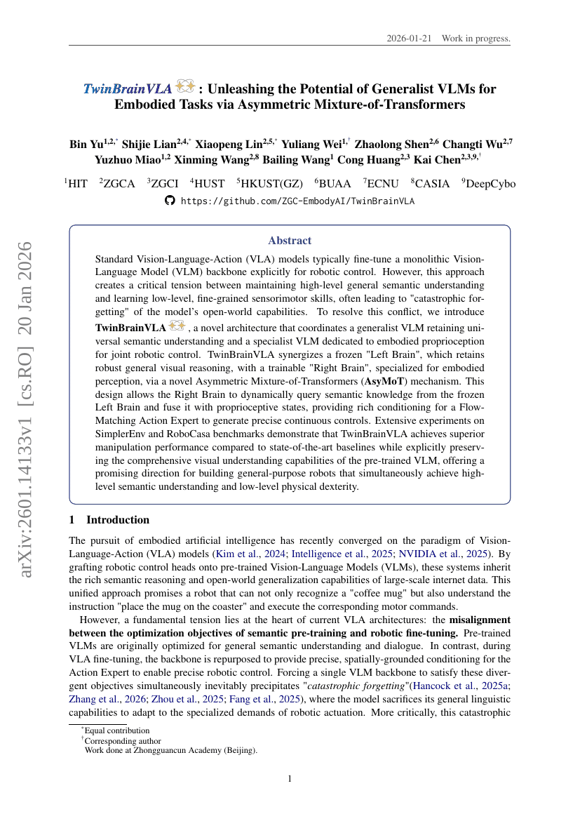 TwinBrainVLA: Freisetzen des Potenzials von Generalist-VLMs für verkörperte Aufgaben mittels asymmetrischer Mixture-of-Transformers