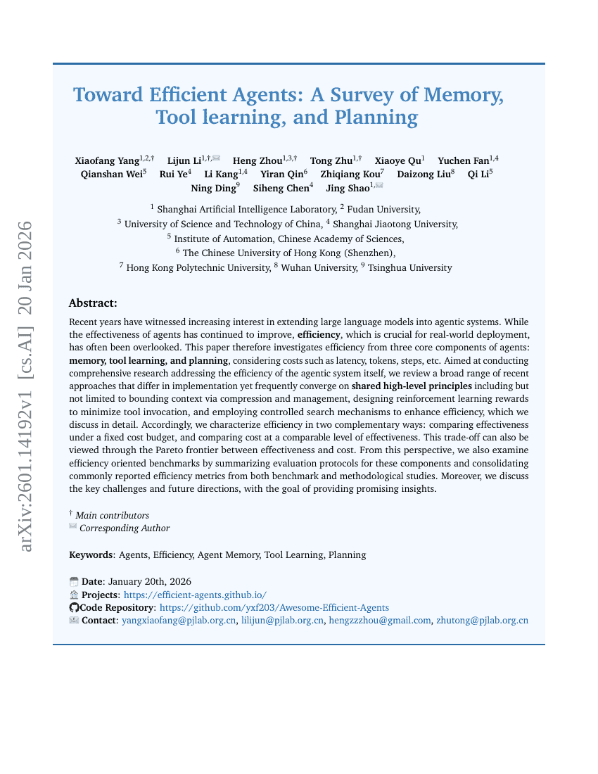 Toward Efficient Agents: Memory, Tool learning, and Planning