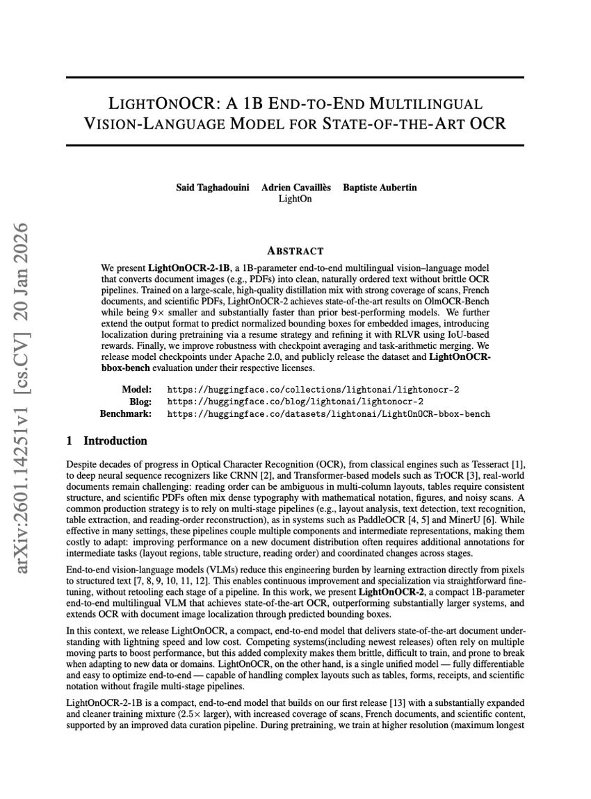 LightOnOCR: A 1B End-to-End Multilingual Vision-Language Model for State-of-the-Art OCR