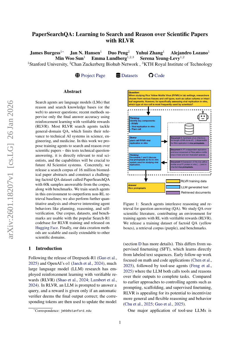PaperSearchQA: Learning to Search and Reason over Scientific Papers with RLVR