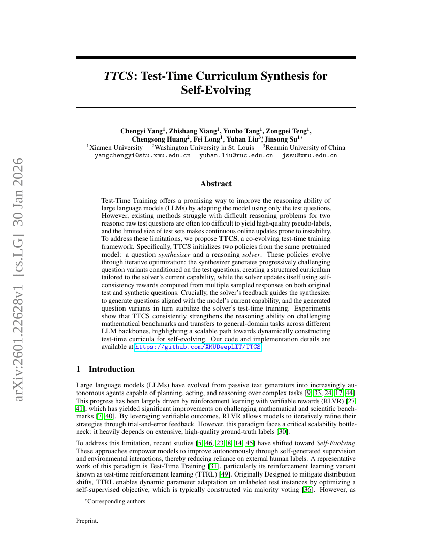 TTCS: Test-Time Curriculum Synthesis for Self-Evolving