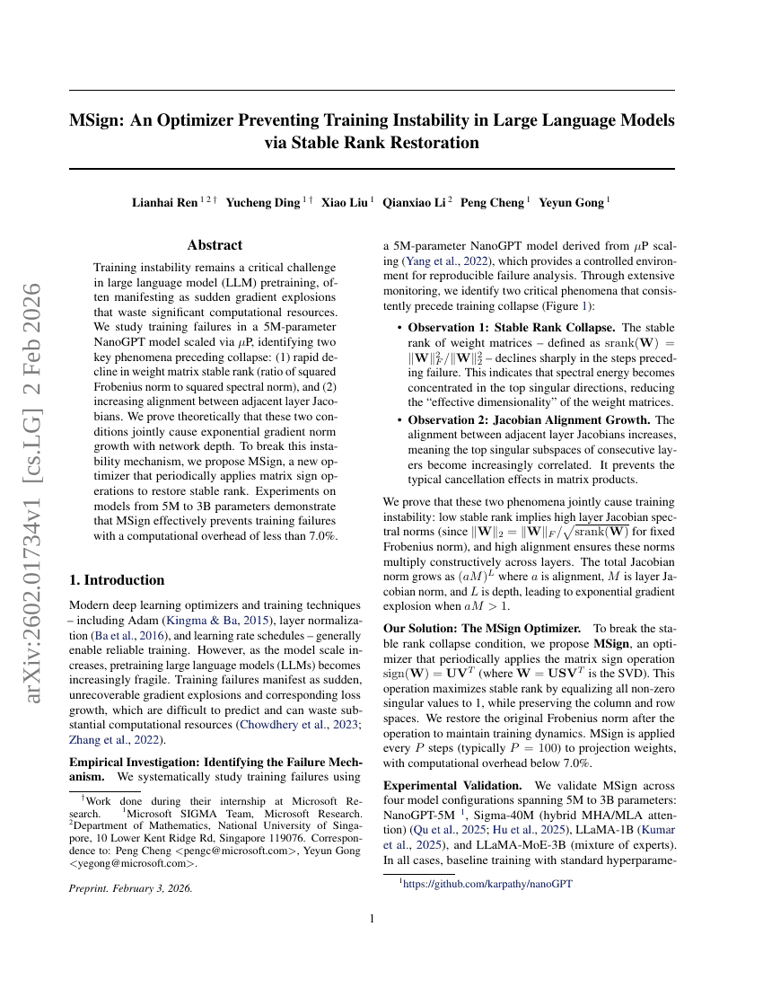 MSign: Ein Optimierer zur Vermeidung von Trainingsinstabilität bei großen Sprachmodellen durch stabile Rangwiederherstellung