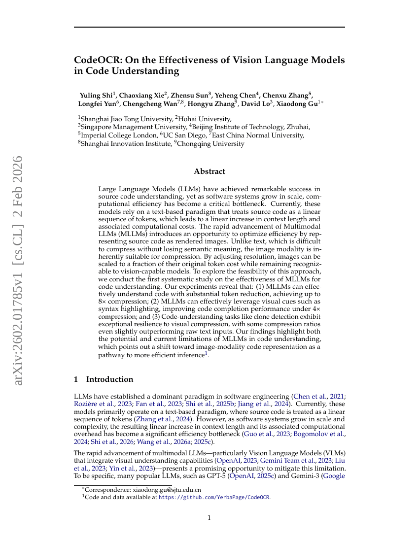 CodeOCR：视觉语言模型在代码理解中的有效性研究