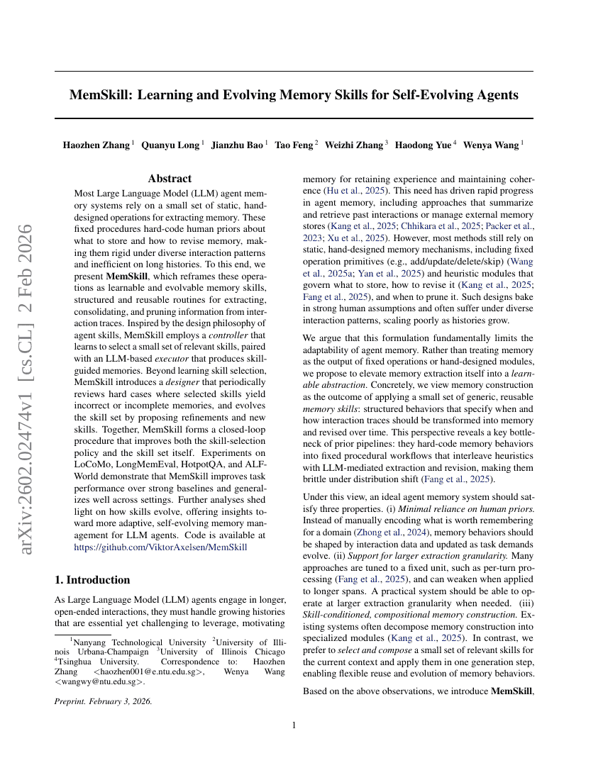 MemSkill: Learning and Evolving Memory Skills for Self-Evolving Agents