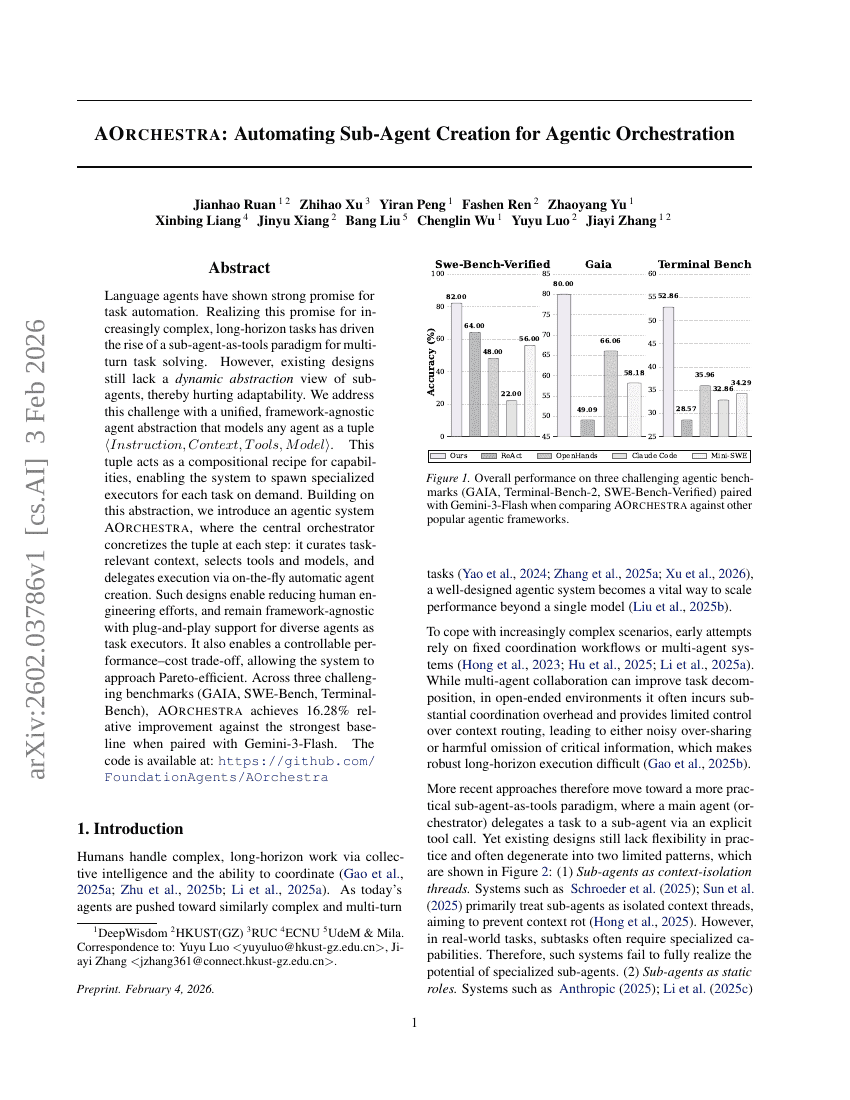 AOrchestra：面向智能体编排的子智能体自动生成