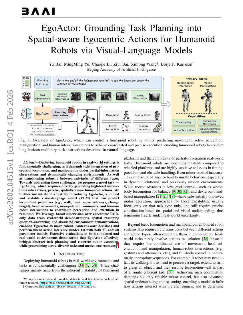 EgoActor: Grounding Task Planning into Spatial-aware Egocentric Actions for Humanoid Robots via Visual-Language Models