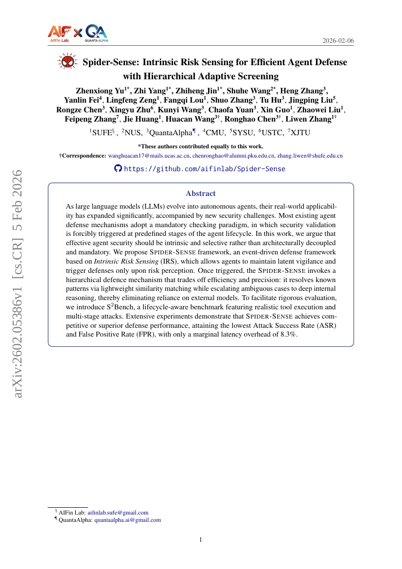 Spider-Sense: Intrinsic Risk Sensing for Efficient Agent Defense with Hierarchical Adaptive Screening
