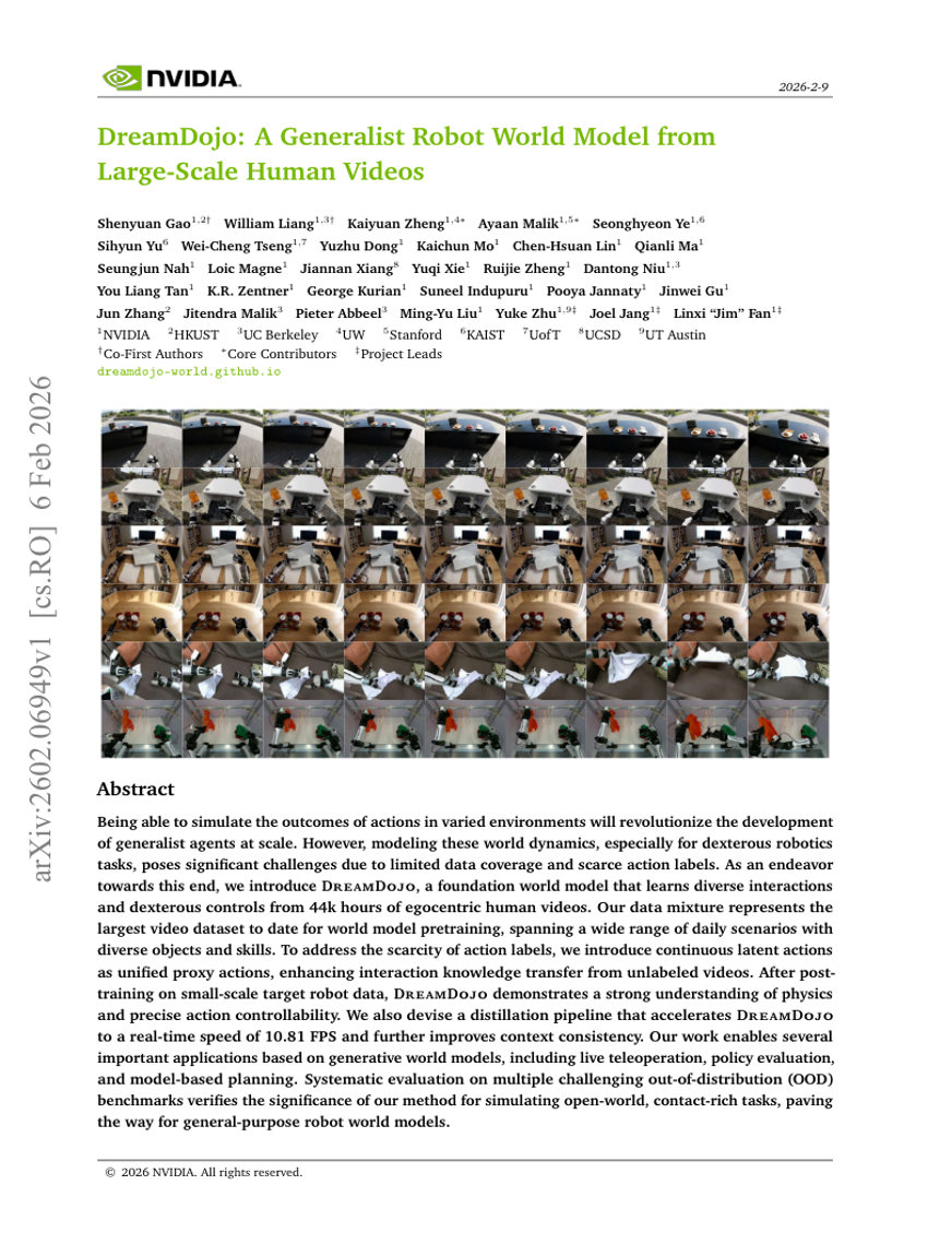 DreamDojo: نموذج عالم روبوت متعدد الاستخدامات مستمد من مقاطع فيديو بشرية على نطاق واسع