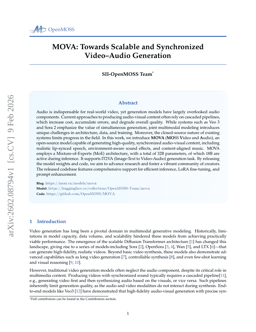 MOVA: Towards Scalable and Synchronized Video-Audio Generation