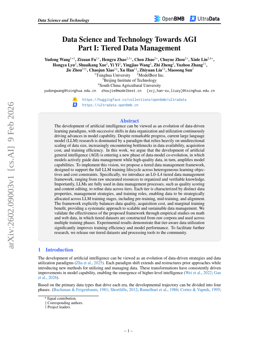 Data Science and Technology Towards AGI Part I: Tiered Data Management