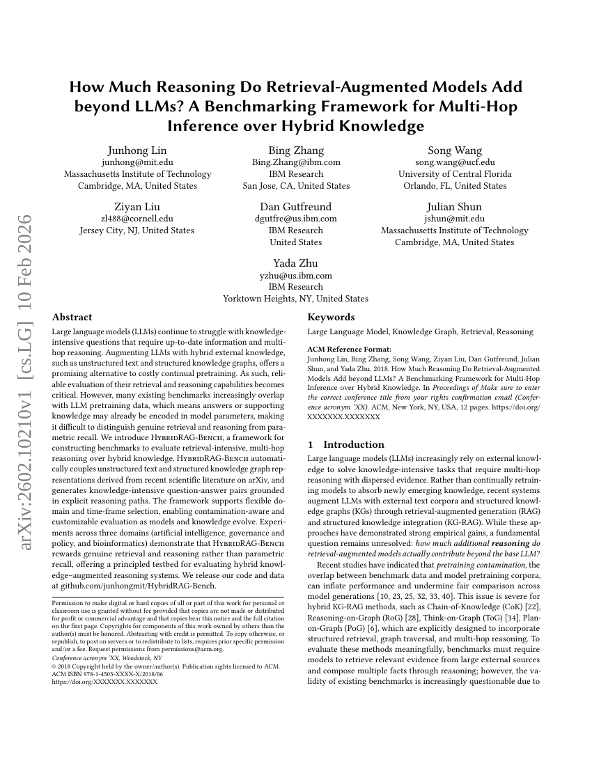 How Much Reasoning Do Retrieval-Augmented Models Add beyond LLMs? A Benchmarking Framework for Multi-Hop Inference over Hybrid Knowledge