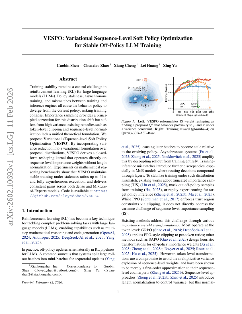 VESPO: تحسين سياسة ناعمة على مستوى التسلسل التبايني لتدريب LLM غير المُتَابِع بشكل مستقر