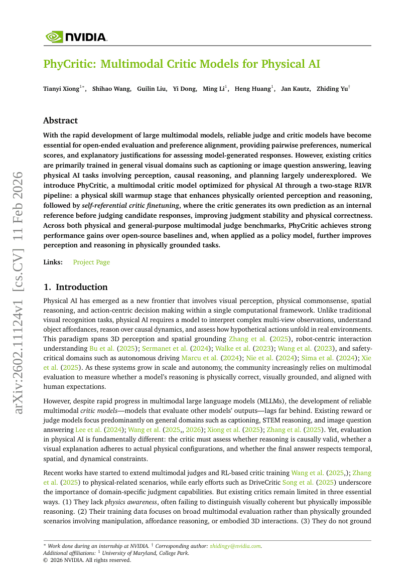 PhyCritic : Modèles critiques multimodaux pour l'intelligence artificielle physique