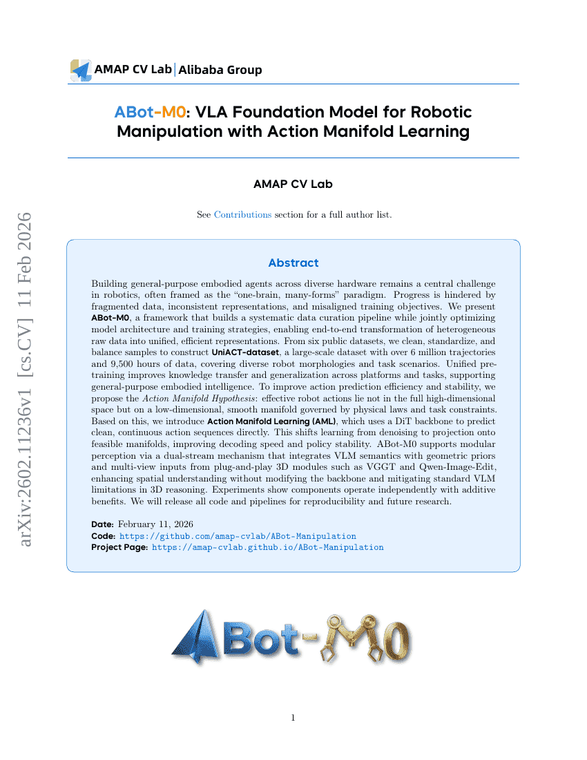 ABot-M0: VLA Foundation Model for Robotic Manipulation with Action Manifold Learning