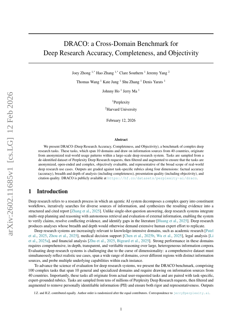 DRACO: a Cross-Domain Benchmark for Deep Research Accuracy, Completeness, and Objectivity