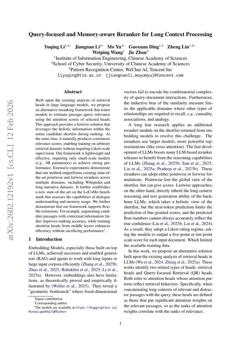 Query-focused and Memory-aware Reranker for Long Context Processing