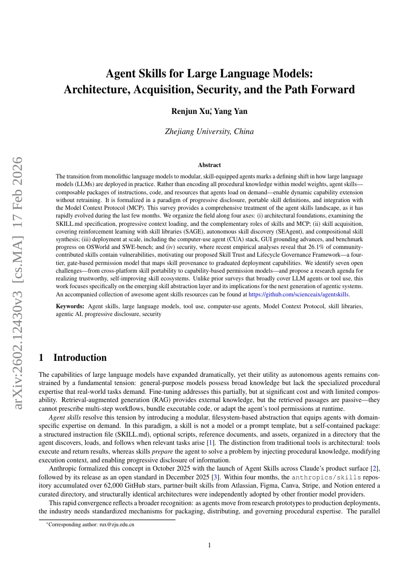 Agent Skills for Large Language Models: Architecture, Acquisition, Security, and the Path Forward