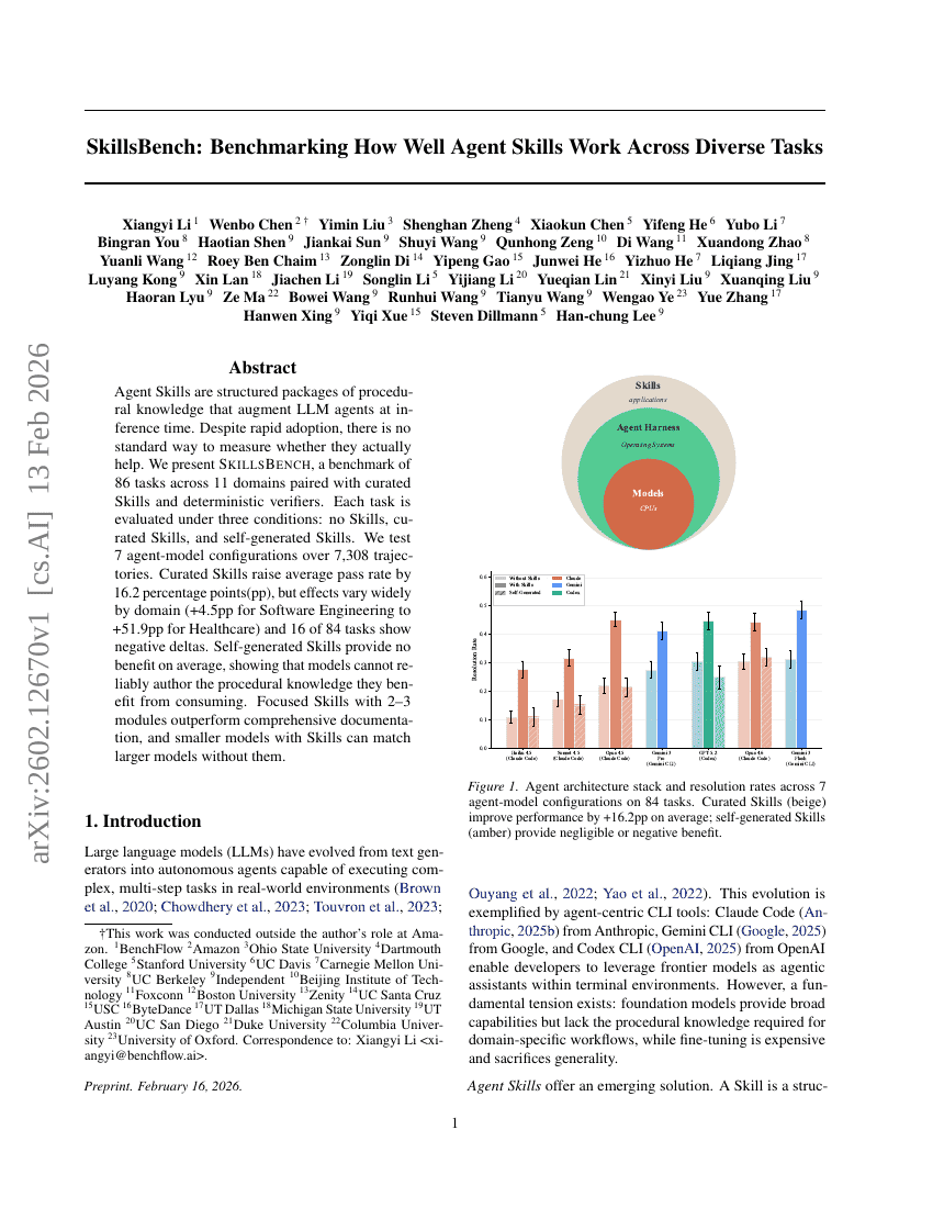 SkillsBench: Benchmarking How Well Agent Skills Work Across Diverse Tasks