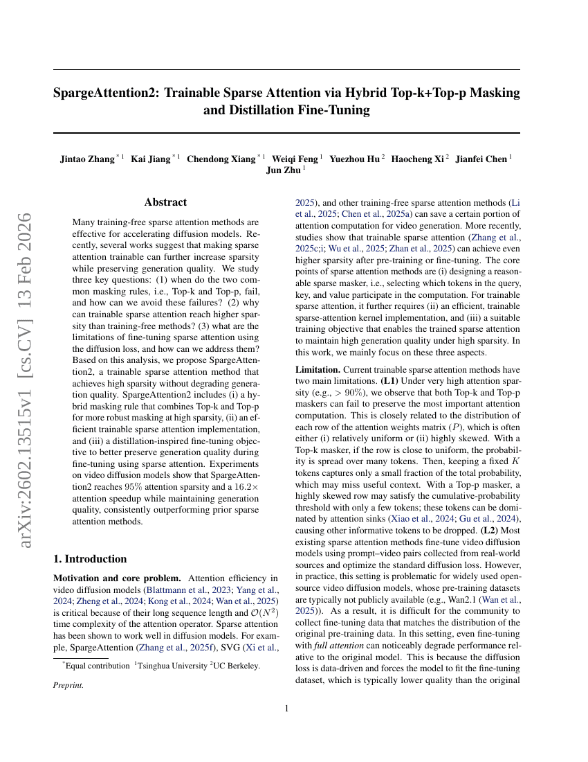 SpargeAttention2: انتباه نادر قابل للتدريب من خلال قناع هجين من النوع Top-k + Top-p والتدرّب التحسيني بالاستخلاص