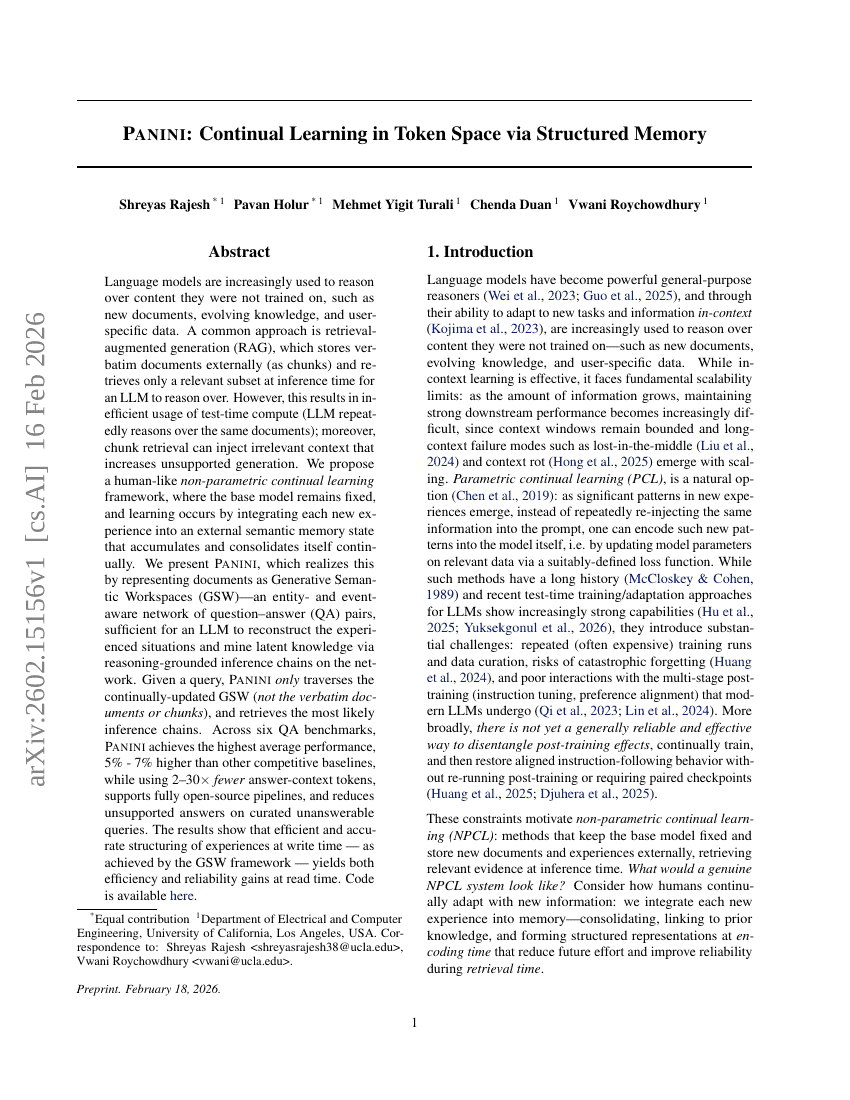 Panini: Continual Learning in Token Space via Structured Memory