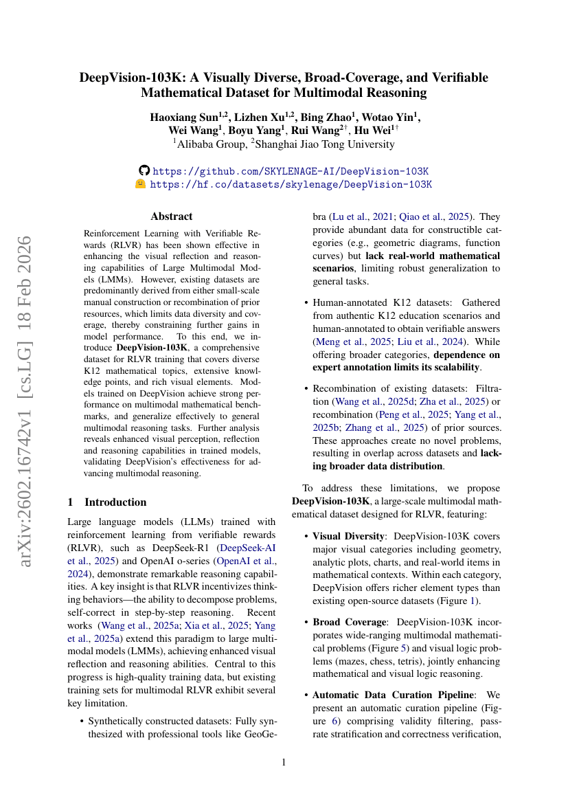 DeepVision-103K: مجموعة بيانات رياضية متعددة الوسائط ذات تنوع بصري وشمولية واسعة وقابلة للتحقق للتفكير متعدد الوسائط