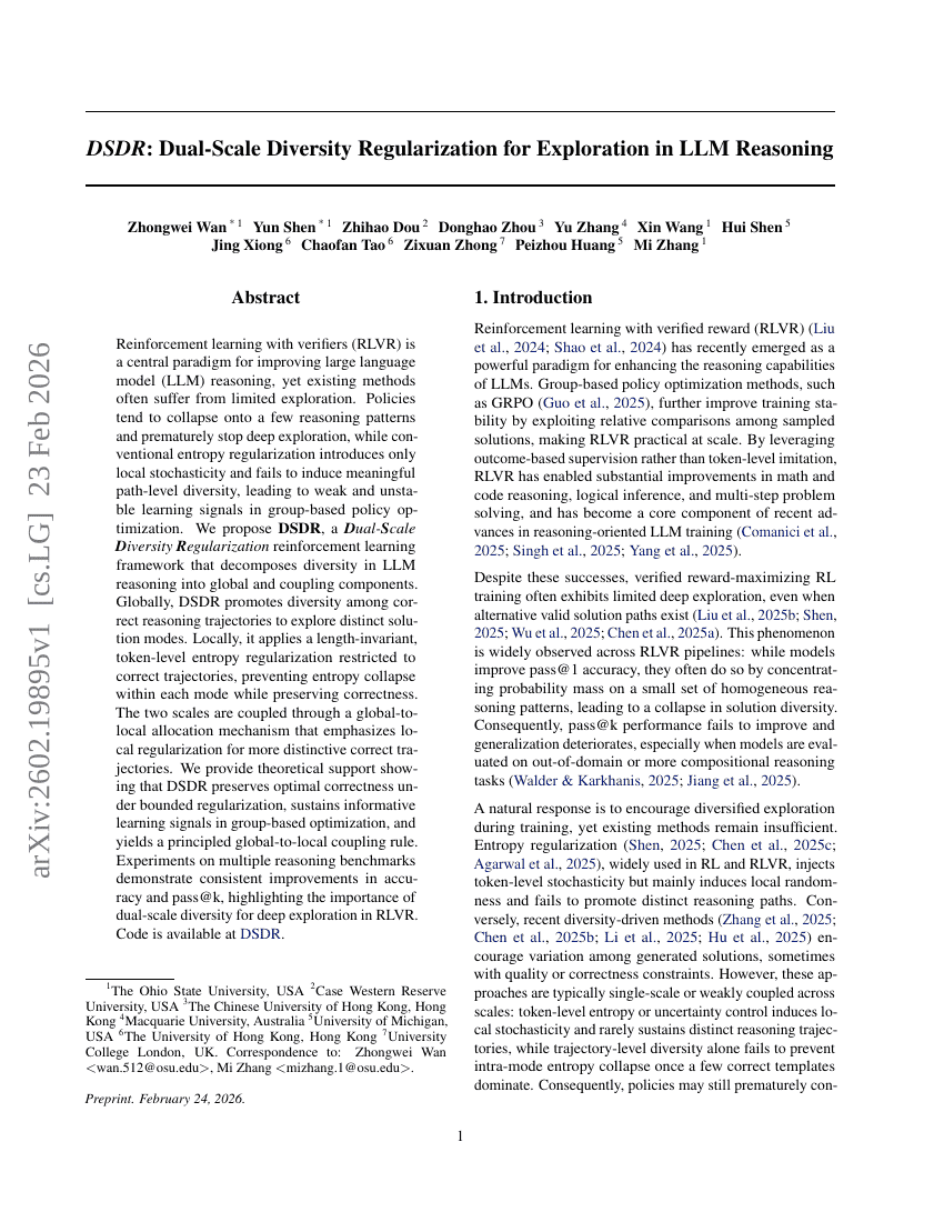 DSDR: Dual-Scale Diversity Regularization for Exploration in LLM Reasoning