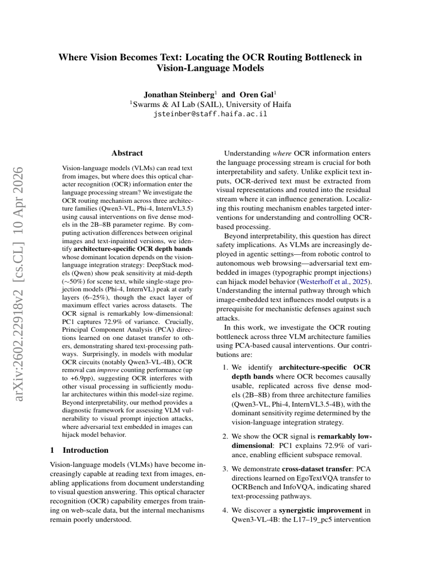 Where Vision Becomes Text: Locating the OCR Routing Bottleneck in Vision-Language Models