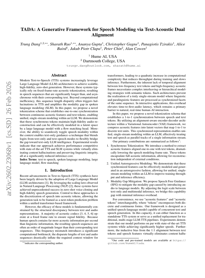 TADA: A Generative Framework for Speech Modeling via Text-Acoustic Dual Alignment