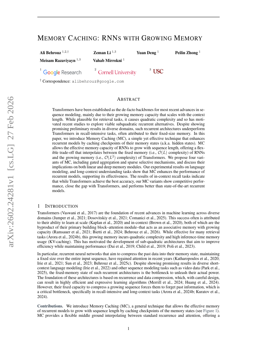 MEMORY CACHING: RNNs with Growing Memory
