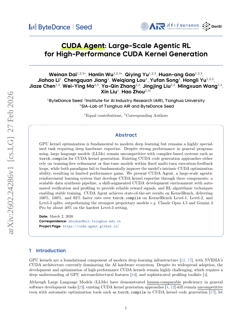 CUDA Agent: Large-Scale Agentic RL for High-Performance CUDA Kernel Generation