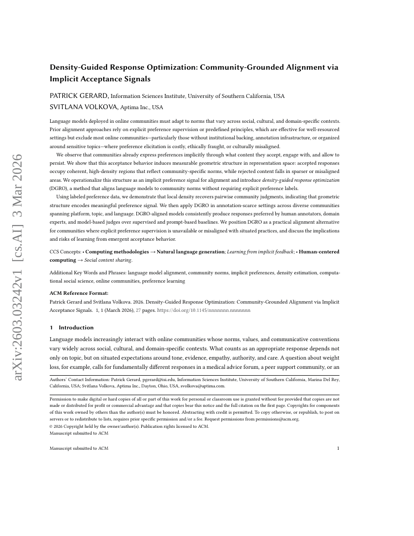 密度誘導的応答最適化：暗黙的受容信号によるコミュニティ基盤アライメント