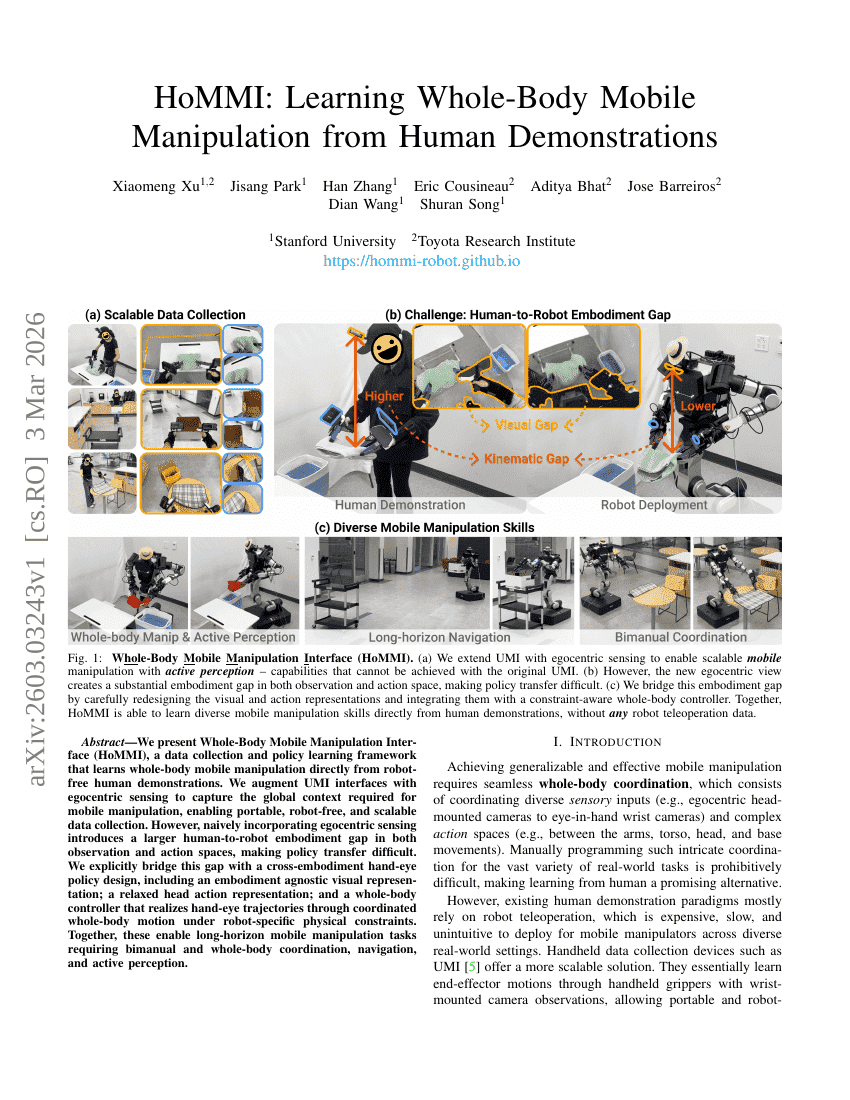 HoMMI: ヒューマンデモンストレーションから全身移動マニピュレーションを学習する