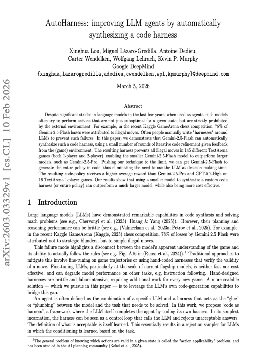 AutoHarness: improving LLM agents by automatically synthesizing a code harness