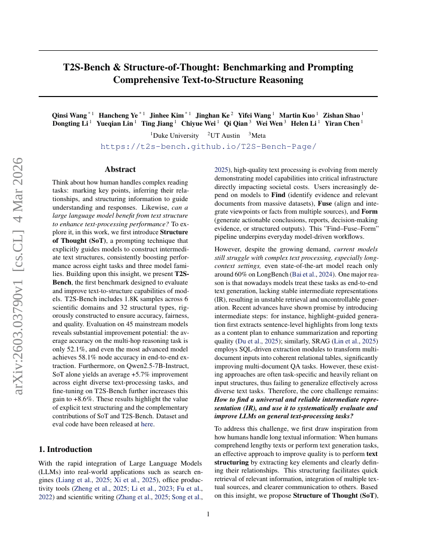 T2S-Bench & Structure-of-Thought: Benchmarking and Prompting Comprehensive Text-to-Structure Reasoning