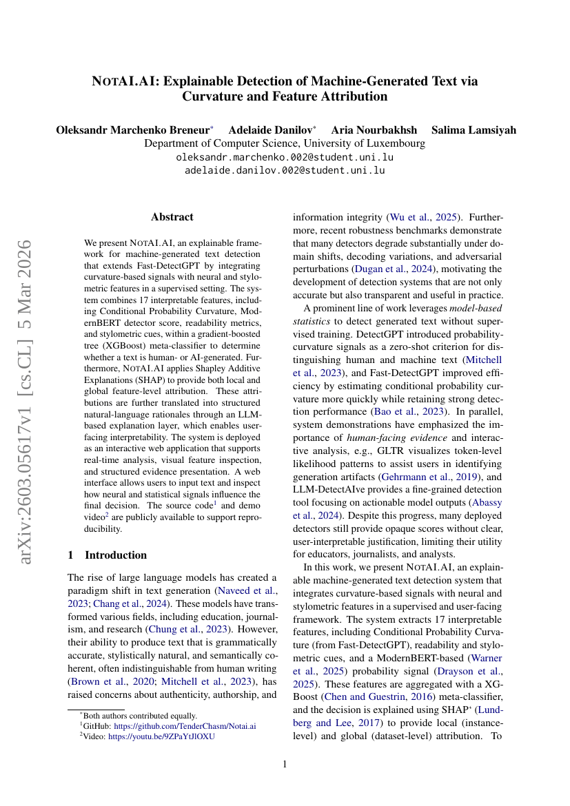 NOTAI.AI: Explainable Detection of Machine-Generated Text via Curvature and Feature Attribution