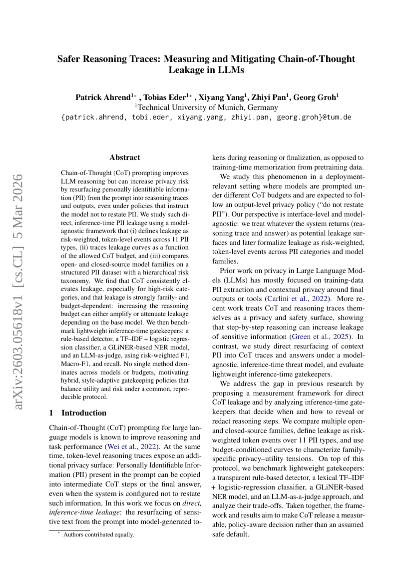 Safer Reasoning Traces: Measuring and Mitigating Chain-of-Thought Leakage in LLMs