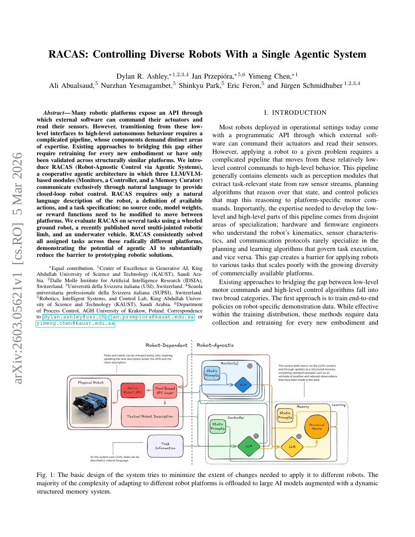 RACAS: Controlling Diverse Robots With a Single Agentic System