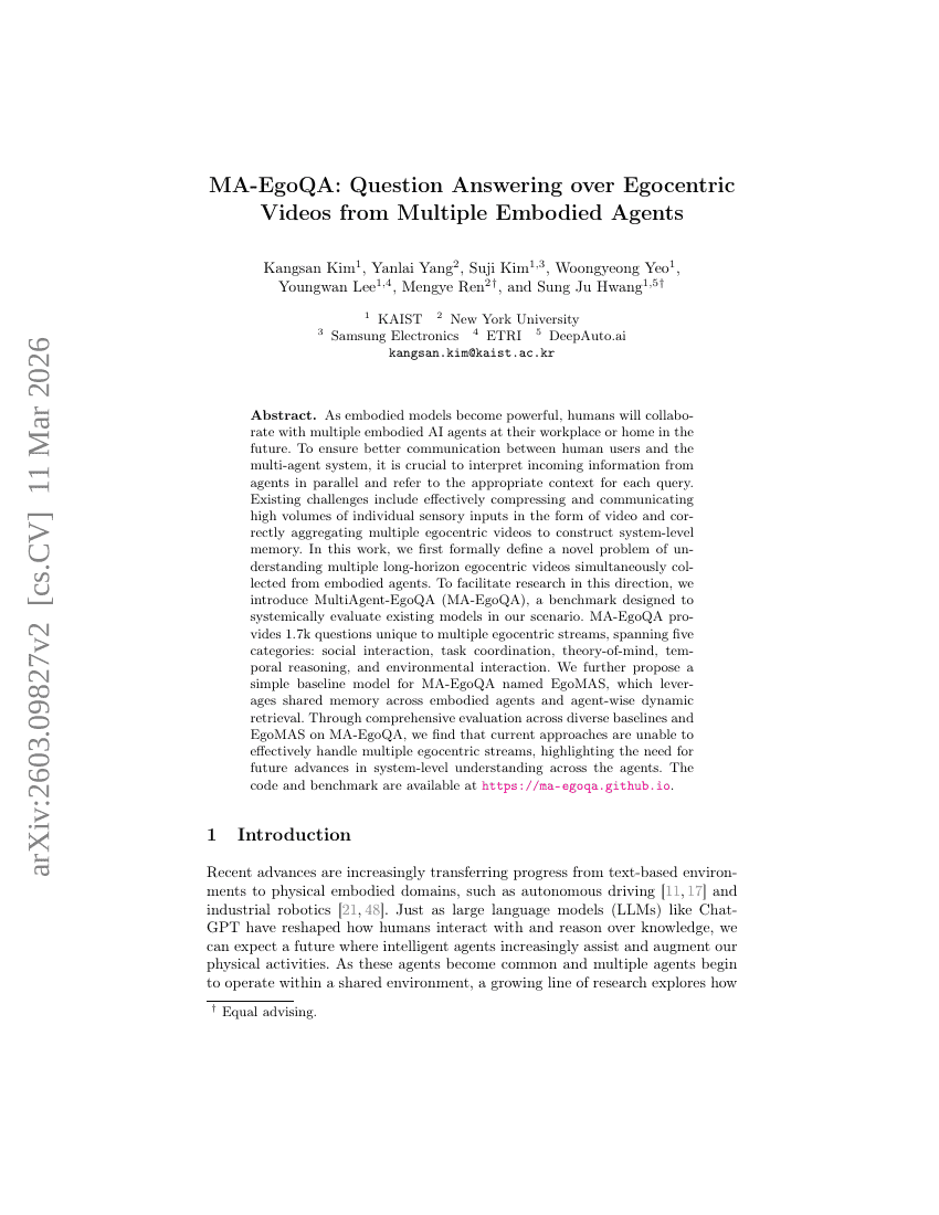 MA-EgoQA: Question Answering over Egocentric Videos from Multiple Embodied Agents