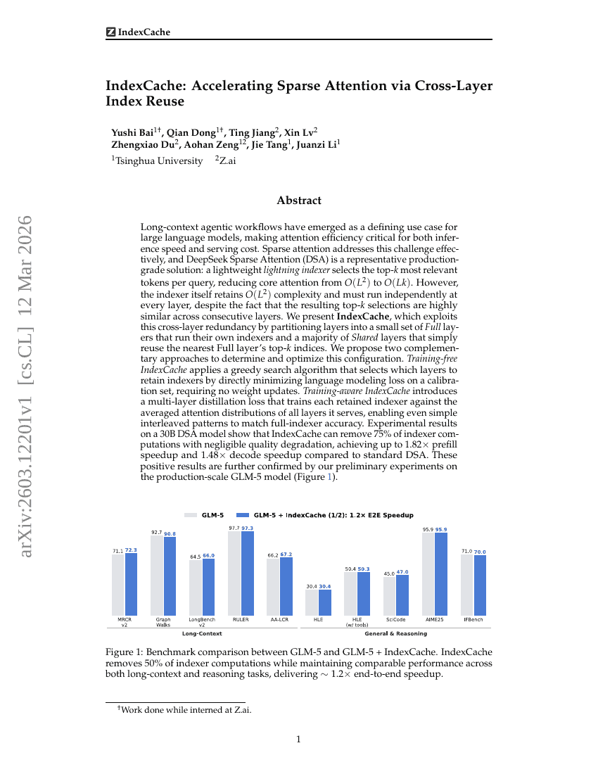 IndexCache: Accelerating Sparse Attention via Cross-Layer Index Reuse