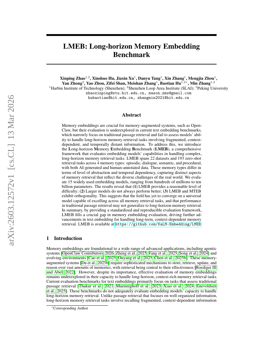 LMEB: Long-horizon Memory Embedding Benchmark