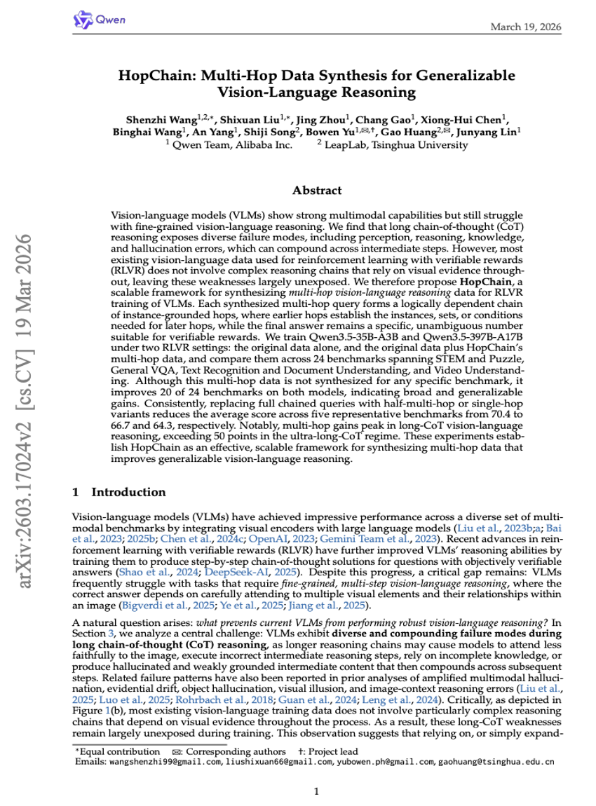 HopChain: Multi-Hop Data Synthesis for Generalizable Vision-Language Reasoning