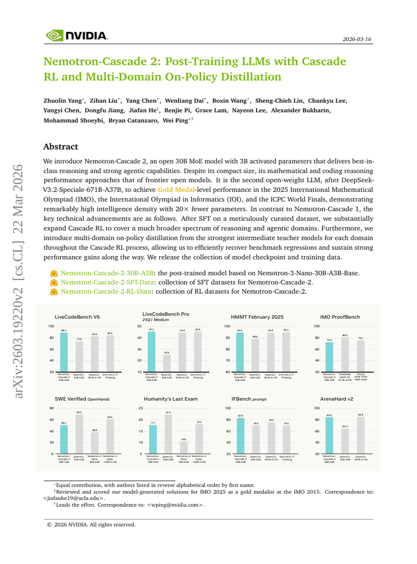 Nemotron-Cascade 2: Post-Training LLMs with Cascade RL and Multi-Domain On-Policy Distillation