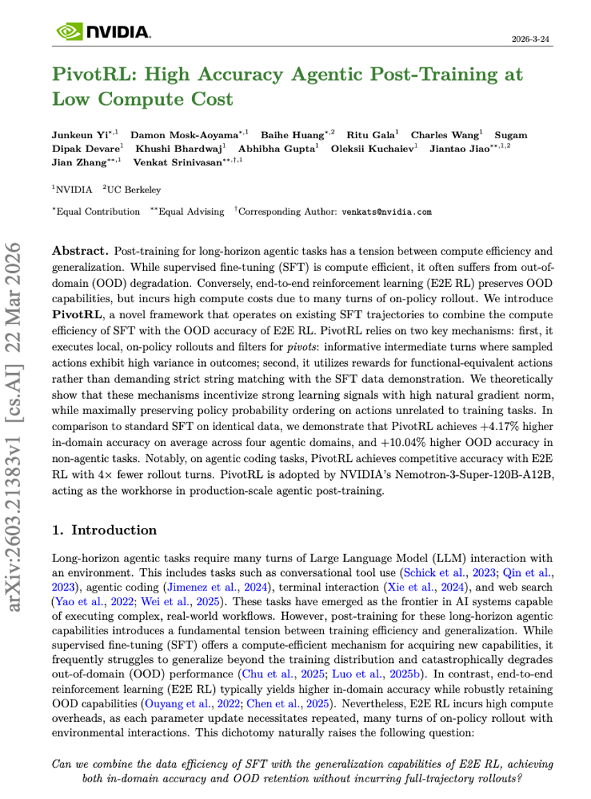 PivotRL: High Accuracy Agentic Post-Training at Low Compute Cost