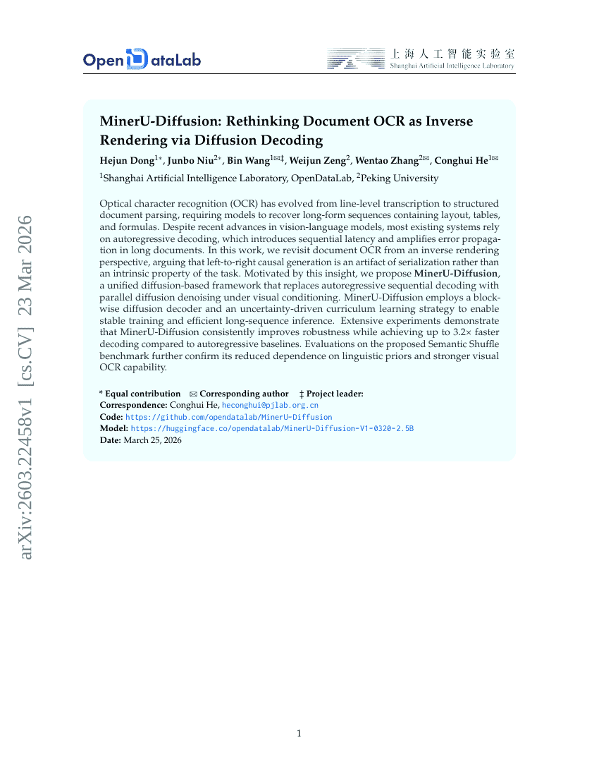 MinerU-Diffusion: إعادة التفكير في التعرف الضوئي على الحروف (OCR) للمستندات على أنها عملية عكس التمثيل الرسومي عبر فك تشفير الانتشار (Diffusion Decoding)