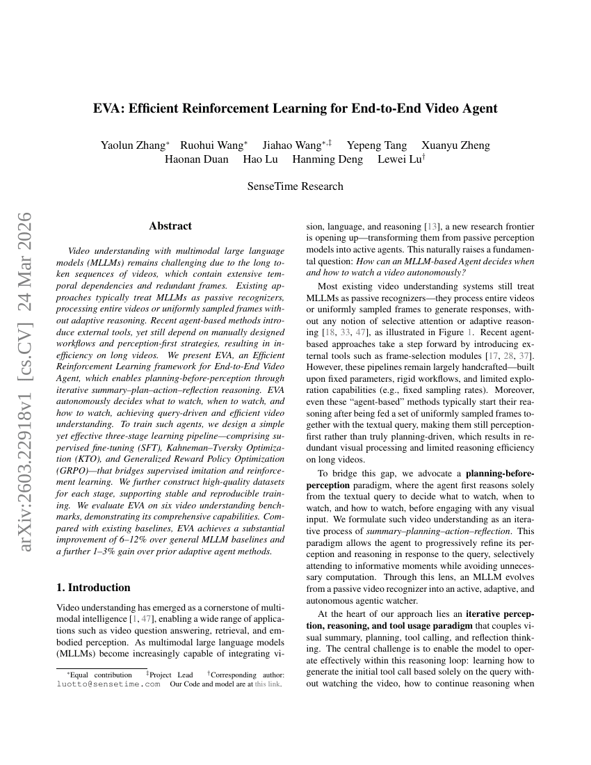 EVA: Efficient Reinforcement Learning for End-to-End Video Agent
