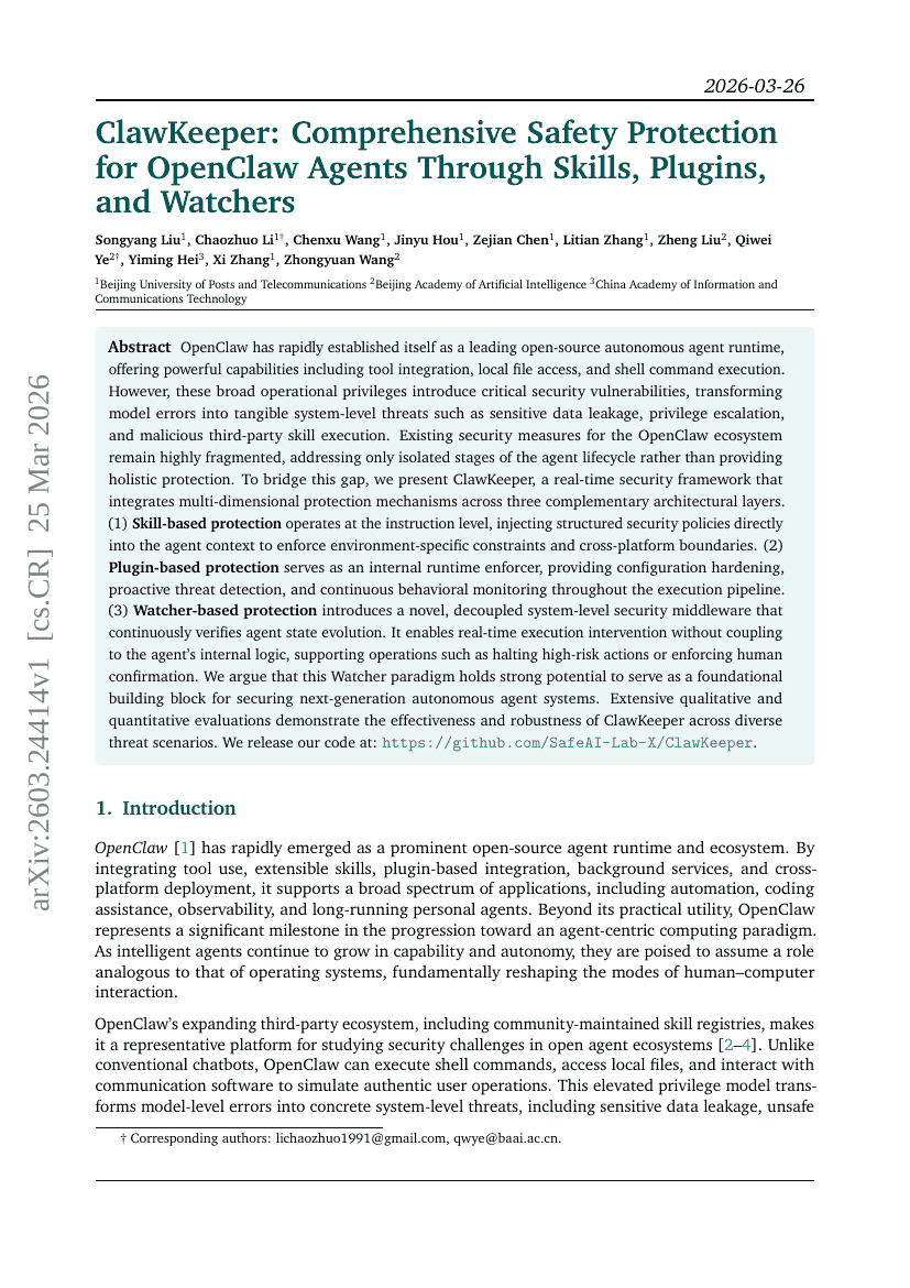 ClawKeeper: Comprehensive Safety Protection for OpenClaw Agents Through Skills, Plugins, and Watchers